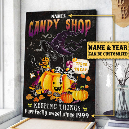 Personalized Black Cat Candy Shop Halloween Poster & Canvas