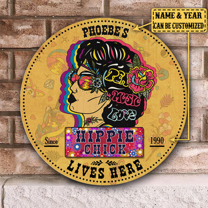Personalized Hippie Chick Lives Here Wood Round Sign