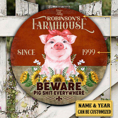 Personalized Pig Farm House Beware Wood Round Sign
